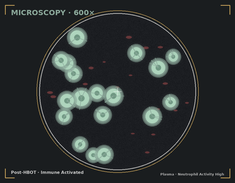 Post-HBOT microscopy showing activated white blood cells engaging pathogens